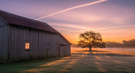 A rustic wooden barn stands in a field at sunrise, with a single window glowing from an inside light. The rising sun silhouettes a large oak tree in the background, and a layer of mist covers the field. The sky is painted with soft colors of orange and purple.の素材