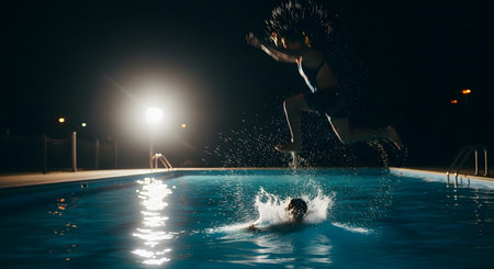 A person is captured mid-air, jumping into a swimming pool at night, creating a large splash. The scene is illuminated by a bright floodlight, freezing the water droplets in the air. Another person's head is visible in the water, looking up at the jumper.の素材