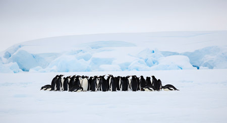 A large colony of Adelie penguins huddles together on a vast expanse of snow in Antarctica. In the background, massive blue glaciers and icebergs rise under an overcast sky, capturing the stark beauty of the polar environment.の素材