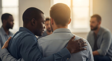 A Black man compassionately puts his hands on the shoulders of another man, seen from behind, in a support group setting. Other men are visible in the background, conveying empathy, help, and community.の素材