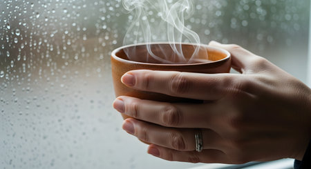 A close-up of a person's hands holding a steaming brown ceramic mug of hot tea or coffee. The background is a window covered in raindrops, creating a cozy and relaxing atmosphere. This image suggests comfort, warmth, and enjoying a quiet moment on a rainy day.の素材