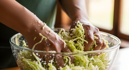 A close-up shot of a person's hands massaging salt into a bowl of shredded green cabbage. The process is for making sauerkraut or kimchi, showing the preparation of fermented foods in a clear glass bowl in a kitchen.の素材