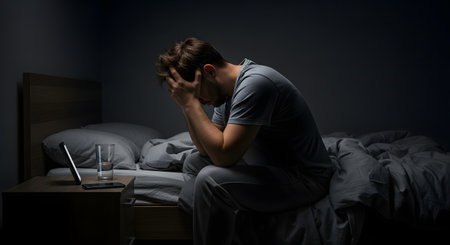 A distressed man sits on the edge of his bed in a dark room, holding his head in his hands. A smartphone on the nightstand casts a glow, highlighting his silhouette and suggesting insomnia, stress, or depression.の素材