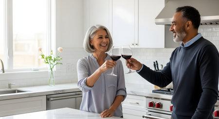 A happy, mature couple stands in a bright, modern white kitchen, toasting each other with glasses of red wine. The woman has grey hair and is smiling warmly, while the man, who also has grey hair and a beard, smiles back at her. This conveys romance, celebration, and a comfortable lifestyle at home.の素材