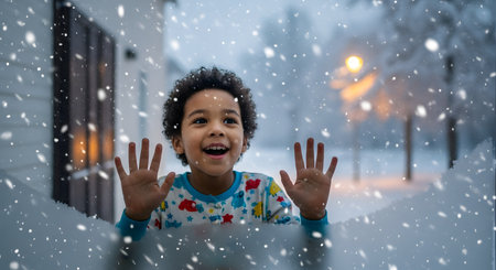 An excited young child with curly hair and pajamas presses their hands against a window, looking out with wonder at the falling snow. The scene captures the magic and joy of the first snowfall from a cozy indoor perspective.の素材