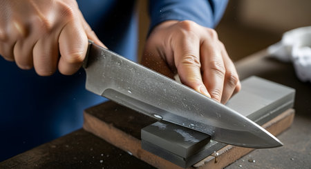 A close-up shot of a person's hands sharpening a large Japanese kitchen knife on a whetstone. Water is visible on the stone and the blade, and the person is holding the knife at a precise angle, demonstrating craftsmanship and maintenance.の素材