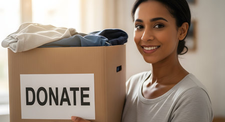 A smiling young woman holds a large cardboard box filled with clothes, labeled with a 'DONATE' sign. She is looking at the camera, promoting charity and giving.の素材