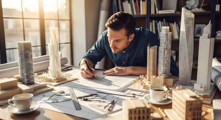 A focused architect works at his desk, sketching blueprints in a sunlit office. He is surrounded by intricate architectural models of skyscrapers, with rulers, compasses, and coffee cups on the table, representing design, planning, and urban development.の素材