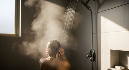 Back view of a person washing their hair in a hot, steamy shower. Sunlight streams in from a nearby window, illuminating the water spray and the thick steam rising in the modern tiled bathroom.の素材