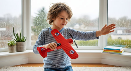 A young boy with wavy brown hair plays with a red toy airplane in a bright room by a large window. The boy is smiling and holding the plane as if it's flying. Outside, the weather appears rainy, and potted plants sit on the windowsill. This image evokes childhood, imagination, and playing indoors.の素材