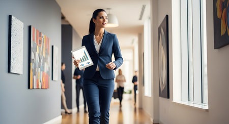 A confident businesswoman in a blue suit walks purposefully down a modern office hallway or art gallery, holding a tablet displaying a bar graph. She looks ahead with a determined expression. The hallway has large windows and abstract art on the walls, with other colleagues blurred in the background.の素材