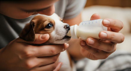 An extreme close-up of a person's hands gently holding a tiny, adorable puppy (white and brown). The person is feeding the puppy milk from a small, clear baby bottle. The focus is on the puppy's face as it drinks, conveying care and nurture.の素材