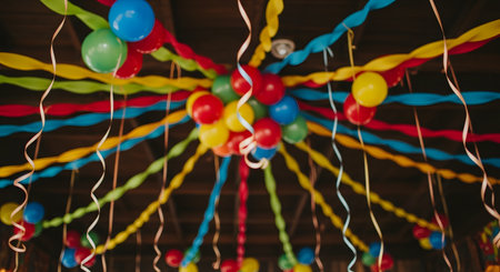 A festive ceiling is decorated for a party with clusters of colorful balloons (red, blue, green, yellow) and twisted paper streamers. The image is slightly blurred, creating a sense of celebration, fun, and movement. The background appears to be a dark or wooden ceiling.の素材