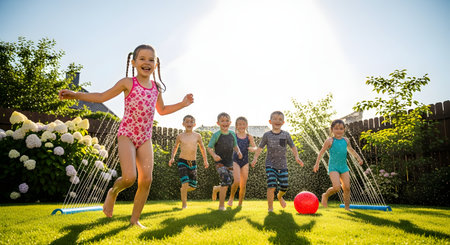A group of joyful children in swimsuits laugh and run through a water sprinkler on a lush green lawn in a backyard. The scene is filled with bright sunlight, capturing a perfect moment of summer fun, play, and childhood friendship.の素材