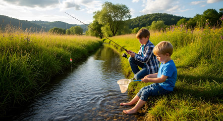 Two young boys are spending a sunny day by a small, clear stream. The older boy is fishing with a rod and reel, while the younger, barefoot boy uses a small net. They are surrounded by tall green grass and wildflowers in a beautiful countryside landscape.の素材
