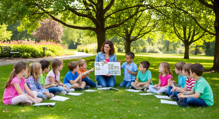A female teacher sits on the grass under a large tree, reading a picture book to a group of attentive young children. The children are sitting in a semi-circle around her during an outdoor lesson on a sunny day in a park.の素材