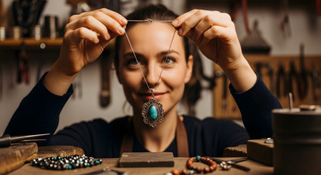 A smiling female jeweler sits at her workbench in a workshop, holding up a beautiful, newly crafted necklace with an ornate silver and turquoise pendant. She proudly displays her handmade creation, with jewelry-making tools and beads visible on her desk.の素材