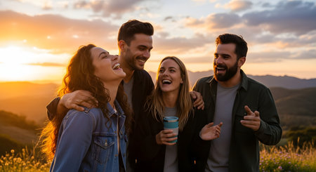 A group of four young friends, two men and two women, are laughing and interacting warmly on a hilltop at sunset. The golden hour light illuminates them as they stand close together, conveying friendship, joy, and shared moments.の素材