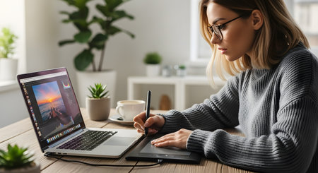 A focused young woman wearing glasses and a grey sweater works at a wooden desk, editing a sunset photo on her laptop. She is using a graphics tablet and stylus for precision. A cup of coffee and plants are on the desk in her bright home office.の素材