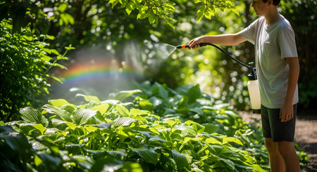 A young boy sprays water or pesticide on lush green hosta plants in a sunny garden using a pump sprayer. The fine mist from the nozzle creates a small, faint rainbow in the bright sunlight, representing chores and garden care.の素材