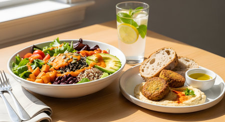 A healthy and delicious vegan or vegetarian lunch served on a wooden table in bright sunlight. The meal includes a colorful quinoa salad bowl with avocado, beans, and sweet potato, alongside a plate of falafel with hummus, sourdough bread, and lemon water.の素材