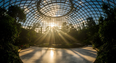 Sunlight streams through the domed glass-paneled roof of a large, modern conservatory or biodome, creating beautiful sunbeams. The light illuminates a central pond and a lush indoor garden of tropical trees and plants, blending architecture and nature.の素材