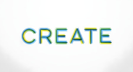 The word 'CREATE' is written in capital letters using a colorful, layered, scribble-like font. The blue, green, and yellow lines give a sense of energy and creativity on a clean white background.の素材