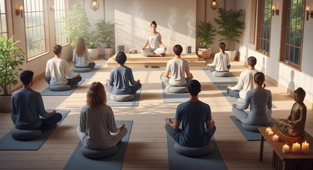 A group of people sits in a meditation pose on cushions in a bright, tranquil studio, facing an instructor. The class is in a sunlit room with large windows, plants, and a Buddha statue with candles. The scene conveys mindfulness, wellness, and group practice.の素材