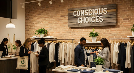 Shoppers browse clothing in a stylish, sustainable fashion boutique. A wooden sign on the brick wall reads 'CONSCIOUS CHOICES', promoting eco-friendly and ethical consumerism.の素材