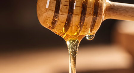 A close-up macro shot of golden honey dripping from a wooden honey dipper. The thick, viscous liquid catches the light, showing small air bubbles. The background is dark and out of focus.の素材