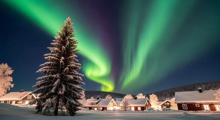 A stunning night-time landscape shows the vibrant green and purple northern lights (aurora borealis) dancing in the sky above a snowy village. Cozy, illuminated cabins are nestled in the snow, with a large, snow-covered pine tree in the foreground. The scene is magical and captures the beauty of the arctic winter.の素材