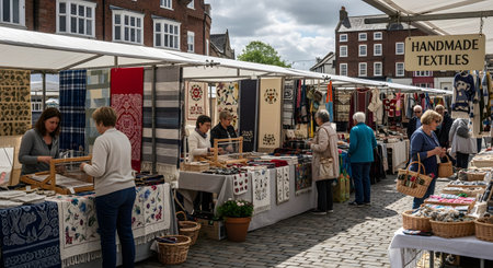 A bustling outdoor European market specializing in handmade textiles. Shoppers browse stalls selling woven blankets, rugs, and tapestries, while vendors (including one at a loom) interact with customers on a cobblestone street.の素材