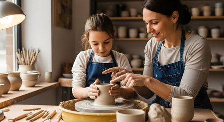 A smiling mother wearing an apron teaches her young daughter how to use a potter's wheel in a craft studio. They are both focused on shaping a small clay pot. The studio is filled with pottery tools and shelves of ceramics.の素材