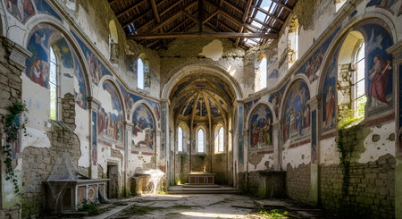 The grand interior of an abandoned and ruined church, with crumbling stone walls, a damaged roof, and overgrown plants. Faded, colorful frescoes are still visible on the walls and in the apse. Sunlight streams in through the broken windows.の素材