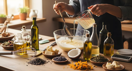 A person is pouring lye into a glass bowl of oils to make handmade soap using the cold process method. The wooden table is covered with natural ingredients like olive oil, coconut, butter, and dried herbs. This image represents a hobby, artisan craft, and natural products.の素材