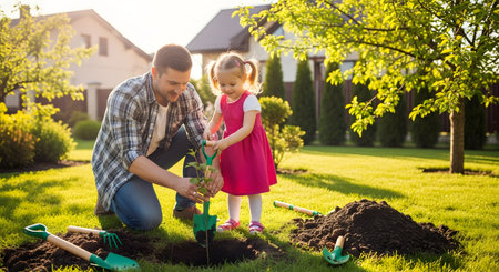 A father and his young daughter are planting a small tree together in their backyard on a sunny day. The father kneels, holding the sapling, while the little girl holds a small shovel, helping to fill the hole with soil. This image represents family bonding, growth, and environmental care.の素材