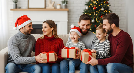 A large, happy family, including two men, a woman, and two small boys, are sitting on a couch at Christmas, exchanging gifts. They are all smiling, wearing Santa hats or sweaters, with a decorated Christmas tree in the background.の素材