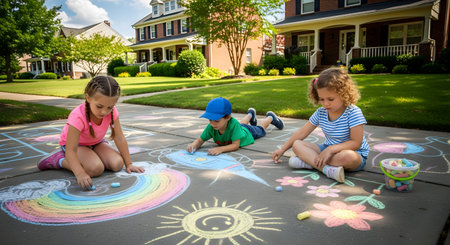 Three young children, two girls and a boy, sit on a suburban driveway on a sunny day, happily drawing colorful pictures with sidewalk chalk. They have created a rainbow, flowers, a sun, and a rocket ship, with their homes in the background.の素材
