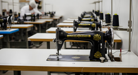 A vintage black sewing machine with gold ornate details sits in the foreground of a textile factory or workshop. In the blurred background, rows of empty workstations are visible, with one person working in the distance.の素材