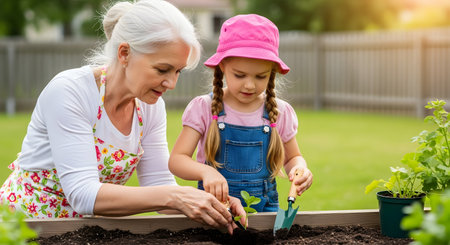 A smiling grandmother and her young granddaughter are gardening together in a raised garden bed. The grandmother is showing the child how to plant a small seedling, and the girl is holding a small trowel.の素材