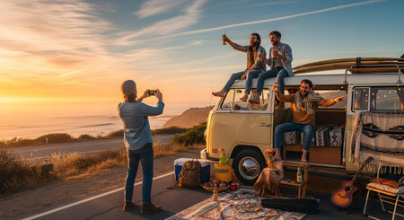 A group of happy friends enjoys a coastal road trip at sunset with a vintage camper van. One man stands and takes a photo of his friends, who are sitting on the van, drinking and cheering, with the ocean and a winding road behind them.の素材