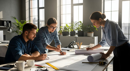 Three young, focused architects collaborate around a desk in a bright, modern office, reviewing and drawing on architectural blueprints. They are pointing and discussing plans, surrounded by rulers, pencils, and coffee cups.の素材