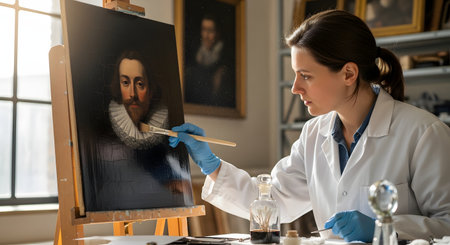 A female art conservator, wearing a white lab coat and blue gloves, meticulously cleans an old portrait painting. She is in a restoration studio, using a small brush on the canvas which is on an easel.の素材