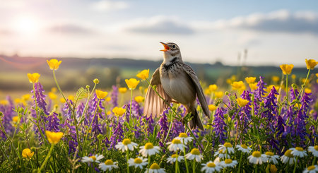 A small skylark bird stands in a sunlit meadow, singing with its beak open wide amidst a field of yellow, purple, and white wildflowers. The rising sun in the background creates a beautiful, warm glow, heralding the start of a spring or summer day.の素材