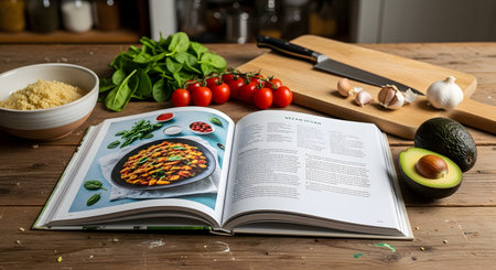 A 'Vegan Vegan' cookbook is open on a wooden kitchen counter, showing a recipe and a photo of a pasta dish. Fresh ingredients like spinach, cherry tomatoes, avocado, garlic, and couscous are arranged around the book, along with a cutting board and knife.の素材
