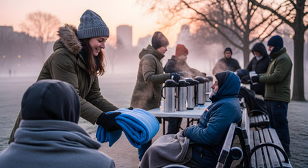 A smiling female volunteer gives a warm blue blanket to a person sitting on a bench in a cold, frosty park at sunrise. In the background, other volunteers serve hot drinks from thermoses, providing aid to the homeless during winter.の素材