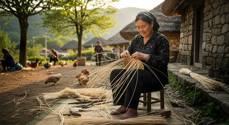 An elderly Asian woman sits on a stool outside a traditional stone house, skillfully weaving a basket by hand from straw. She is barefoot and dressed in simple clothing, with chickens pecking in the background. The scene depicts traditional craft and rural village life.の素材