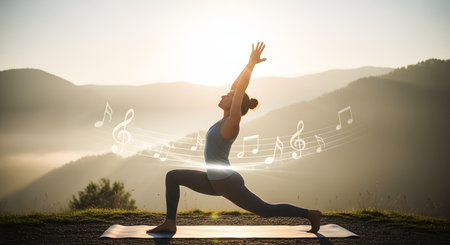 A woman practices yoga in a crescent lunge pose on a mat, overlooking a misty mountain valley at sunrise. Glowing musical notes are superimposed on the image, suggesting a connection between mindfulness, music, and nature.の素材