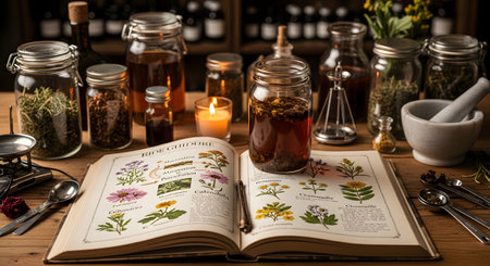 A rustic wooden table displays an open book with botanical illustrations of herbs like echinacea and chamomile. The table is surrounded by jars of dried herbs, tinctures, a mortar and pestle, and a lit candle, creating an apothecary or herbalism scene.の素材