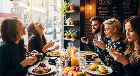 A group of happy young friends laughs and talks while enjoying a delicious brunch at a trendy, well-lit cafe. Their table is filled with plates of pancakes, eggs benedict, fruit salad, coffee, and orange juice.の素材